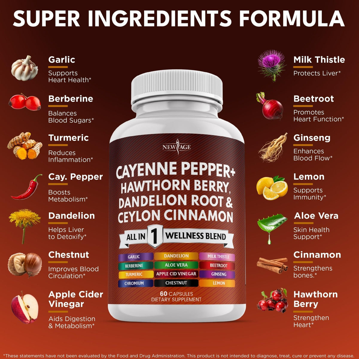 NEW AGE Cayenne Pepper Capsules Supplement with Hawthorn Berry, Dandelion Root, Ceylon Cinnamon, Garlic, Ginger, ACV, Milk Thistle, Beet Root, Aloe Vera - 120 Count - Maple Wellness Supplements