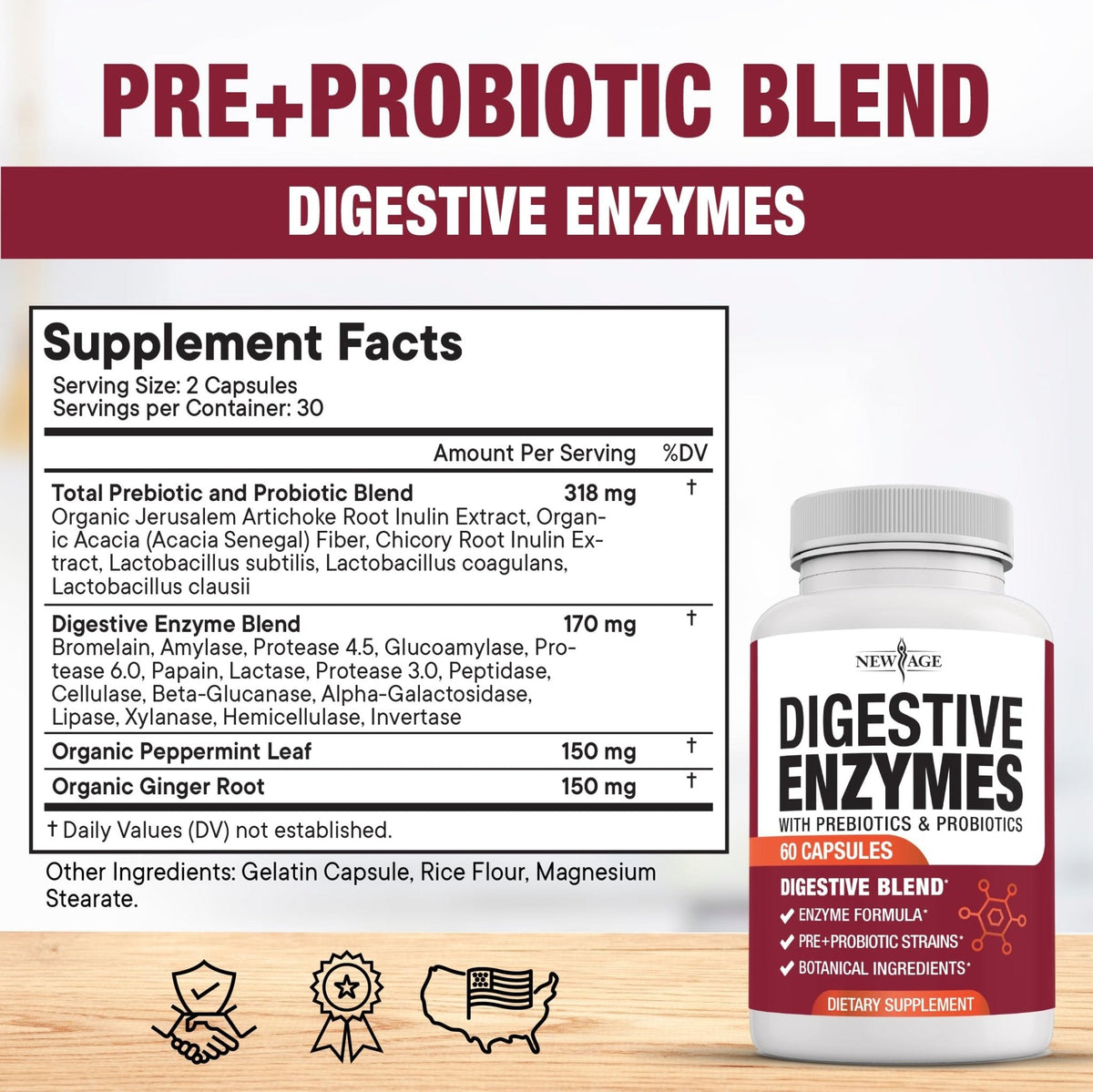 NEW AGE Digestive Enzymes for Gut Health - Probiotic Multi Enzymes with Prebiotics and Probiotics with Lipase for Women and Men for Digestive Health, - Maple Wellness Supplements