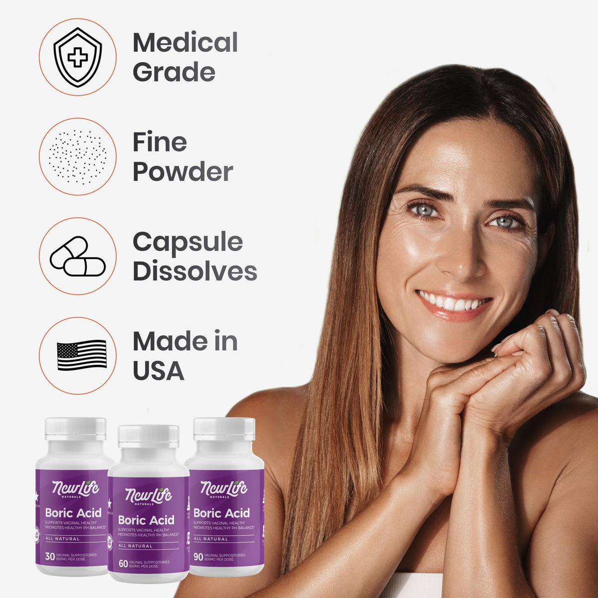NewLife Naturals - Medical Grade Boric Acid Vaginal Suppositories - 600mg - 100% Pure Womens pH Balance Pills - Yeast Infection, BV - 90 Capsules: Made in USA - Maple Wellness Supplements