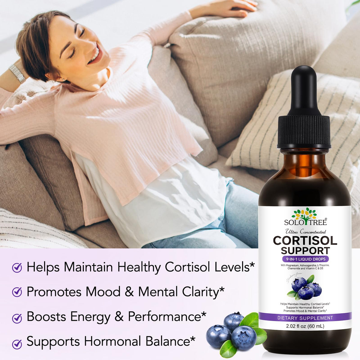 NIFEISHI Cortisol Reducer & Manager Liquid Drops for Women & Men | Cortisol Supplements with Ashwagandha & Magnesium | 9-in-1 Stress & Mood Support, Blueberry Flavor-2.02 floz - Maple Wellness Supplements