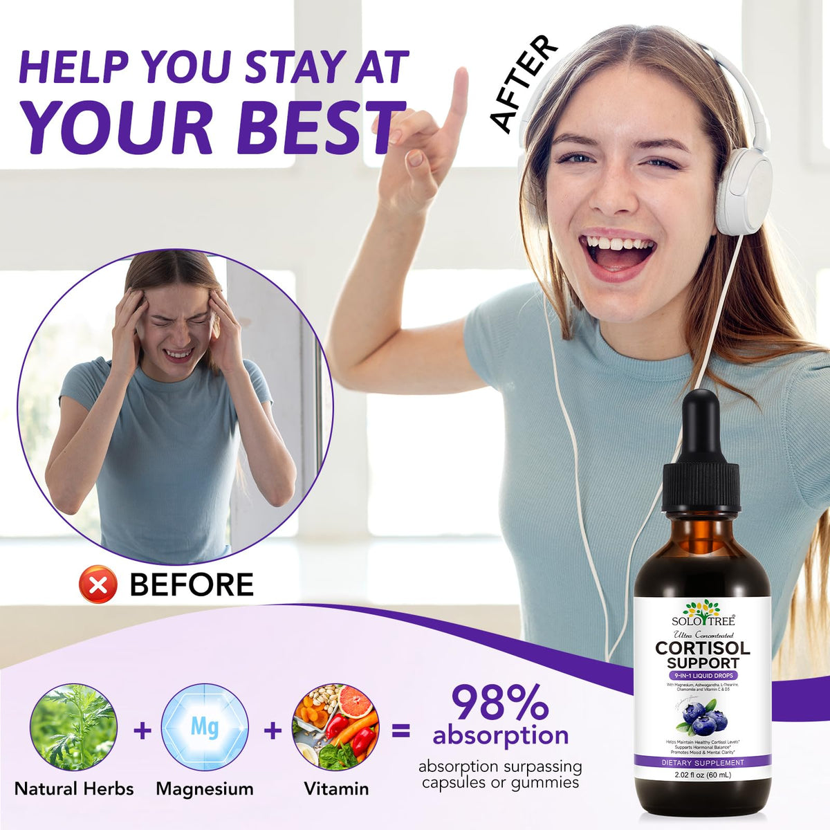 NIFEISHI Cortisol Reducer & Manager Liquid Drops for Women & Men | Cortisol Supplements with Ashwagandha & Magnesium | 9-in-1 Stress & Mood Support, Blueberry Flavor-2.02 floz - Maple Wellness Supplements