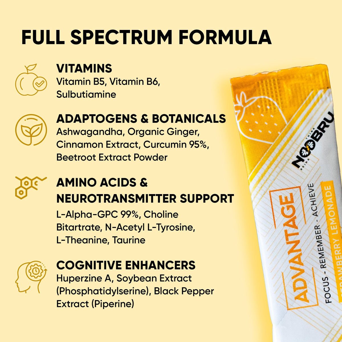 Noobru Аdvantage Nootropic - Delicious Nootropics Brain Supplement with 11 Active Ingredients - Natural Cognitive Enhancer - 20 Strawberry Lemonade Sachets - 1 Month Supply, 20 Count (Pack of 1) - Maple Wellness Supplements