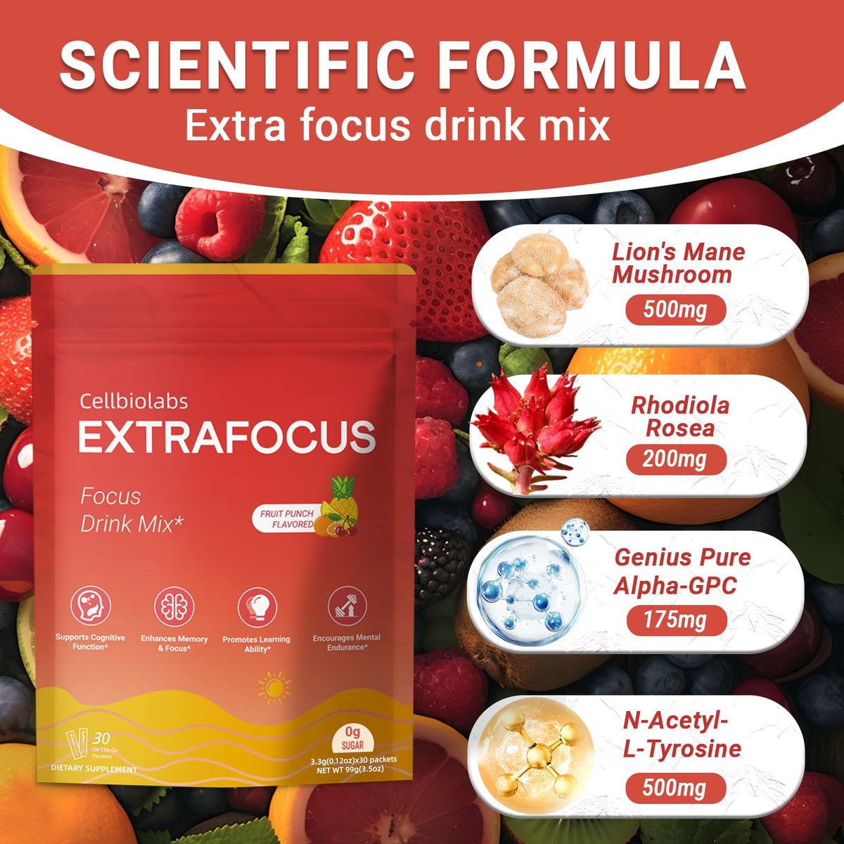 Nootropic Extra Focus Drink Mix, 30 Packs On-The-Go Sticks, Featuring Alpha-GPC, Lion's Mane & Rhodiola, Sugar-Free Packets Fruit Punch Clean Drink Mix - Maple Wellness Supplements