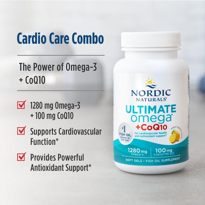 Nordic Naturals Ultimate Omega + CoQ10, Lemon - 120 Soft Gels - 1280 mg Omega-3 + 100 mg CoQ10 - Heart Health, Cellular Energy, Antioxidant Support - Non-GMO - 60 Servings - Maple Wellness Supplements