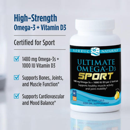 Nordic Naturals Ultimate Omega-D3 Sport, Lemon - 60 Soft Gels - 1480 mg Omega-3 + 1000 IU Vitamin D3 - NSF Certified - Supports Muscle, Bones, Focus & Endurance - 30 Servings - Maple Wellness Supplements