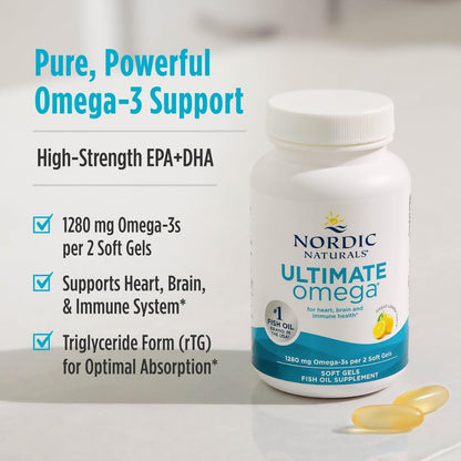 Nordic Naturals Ultimate Omega, Lemon Flavor - 210 Soft Gels - 1280 mg Omega-3 - High-Potency Fish Oil with EPA & DHA - Promotes Brain & Heart Health - Non-GMO - 105 Servings - Maple Wellness Supplements