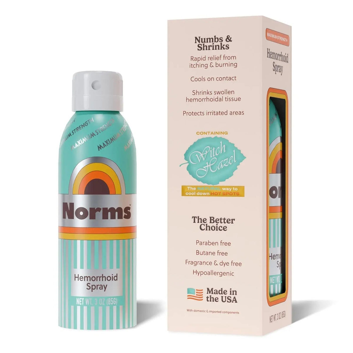 Norms Cooling Hemorrhoid Spray, Maximum Strength Touch-Free Relief with Phenylephrine, Witch Hazel, Aloe, Shrinks Swelling, Calms Itching, Soothes on Contact, 3oz Spray - Maple Wellness Supplements