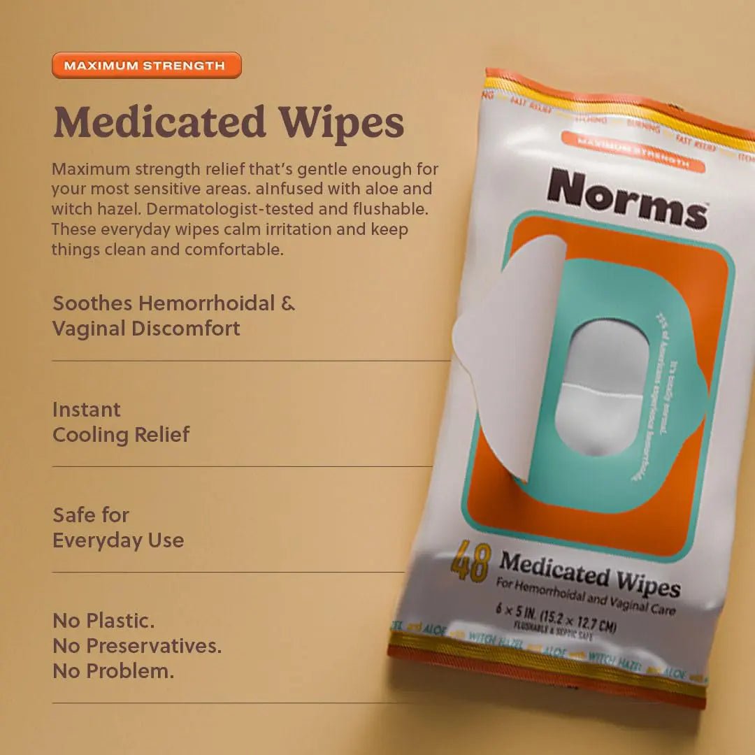 Norms Medicated Hemorrhoid Wipes with Witch Hazel and Aloe, Soothing Flushable Wipes for Itching, Burning & Swelling Relief, Hypoallergenic & Fragrance Free - 48ct (Pack of 3) - Maple Wellness Supplements