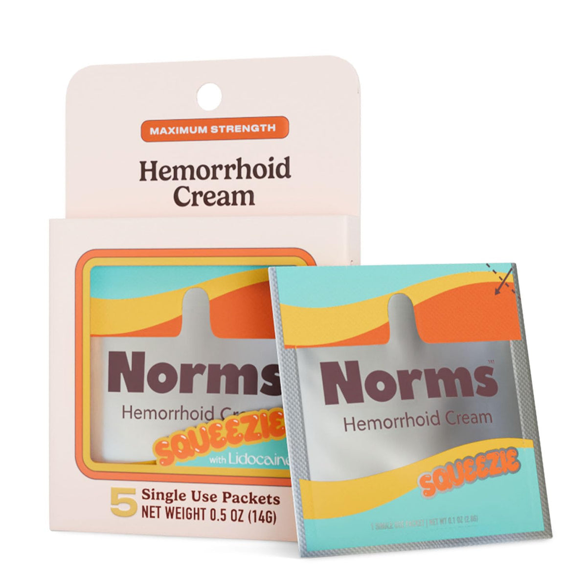 Norms Squeezies Lidocaine Hemorrhoid Cream, Discreet Single Use Travel Packets, 5% Lidocaine, Phenylephrine, Aloe and Glycerin – Numbing, Soothing & Swelling Relief On the Go, 5 Count - Maple Wellness Supplements
