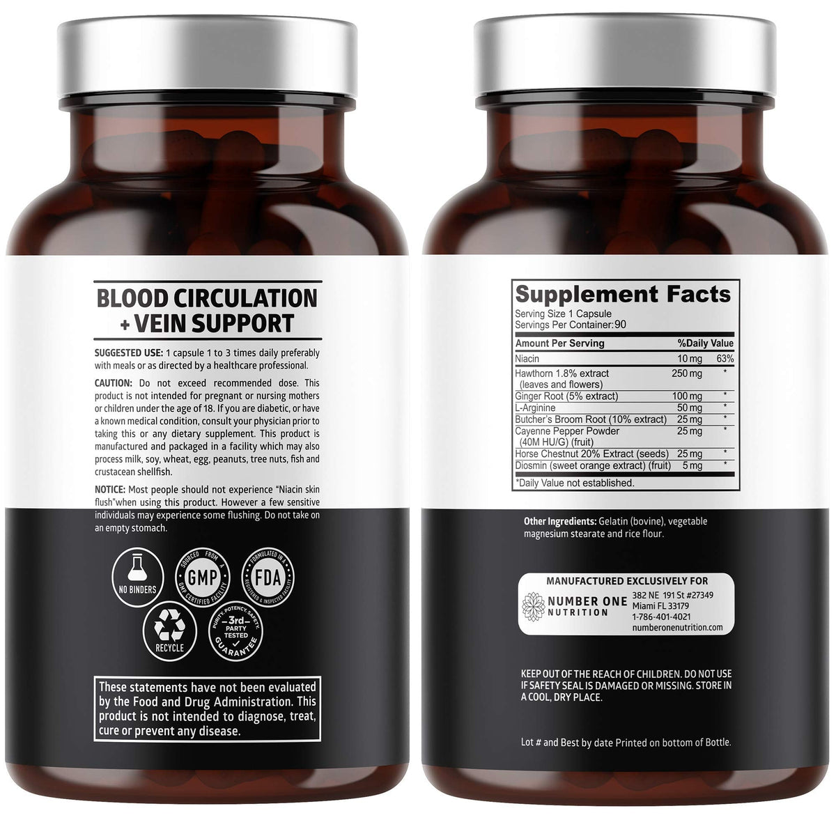 Number One Nutrition Premium Blood Circulation Supplement for Women and Men [8 Powerful Herbs & Vitamins] All Natural Blood Flow Supplement with Hawthorn, Butchers Broom and Cayenne Pepper, 90 Caps - Maple Wellness Supplements