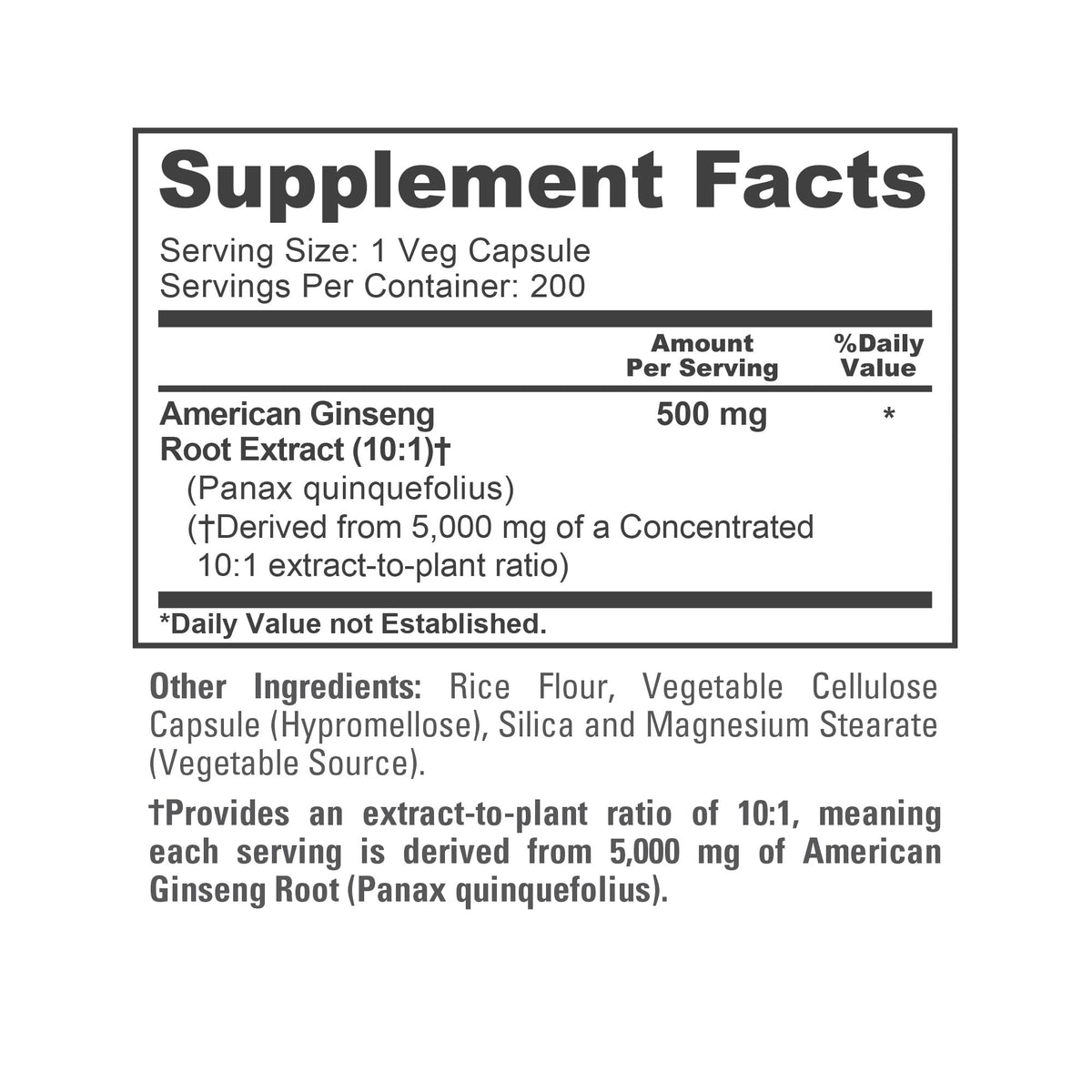 NusaPure American Ginseng 10:1 Extract, 500 mg Equivalent to 5000mg - 200 Veggie Capsules (Vegetarian, Non-GMO, Vegan) - Maple Wellness Supplements