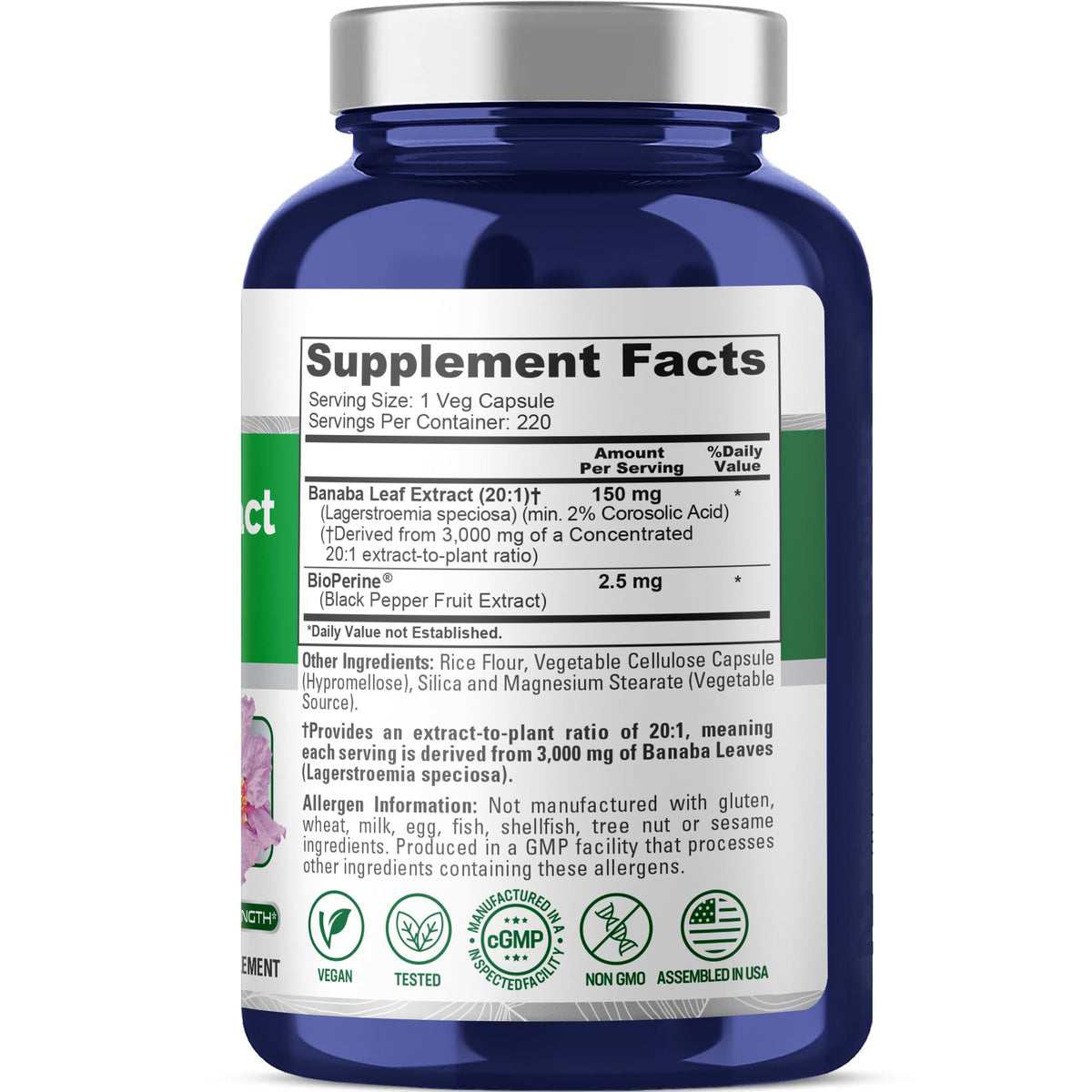 NusaPure Banaba Leaf 20:1 Extract, 150 mg Equivalent to 3,000mg Veg Caps, 220 Days Supply (Non-GMO & Vegan) 2% Corosolic Acid - Maple Wellness Supplements