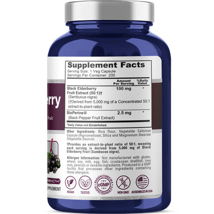 NusaPure Black Elderberry 50:1 Extract, 100 mg Equivalent to 5,000mg per Veggie Capsules, 200 Count (Vegan, Non-GMO, Bioperine) Dietary Supplement - Maple Wellness Supplements