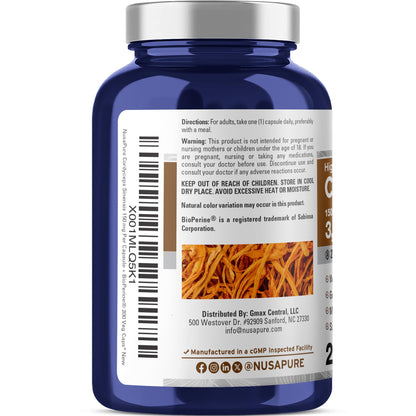 NusaPure Cordyceps 20:1 Extract, 150 mg Equivalent to 3,000mg 200 Veggie Capsules (Sinensis CS-4, Non-GMO, Vegan) Bioperine - Maple Wellness Supplements