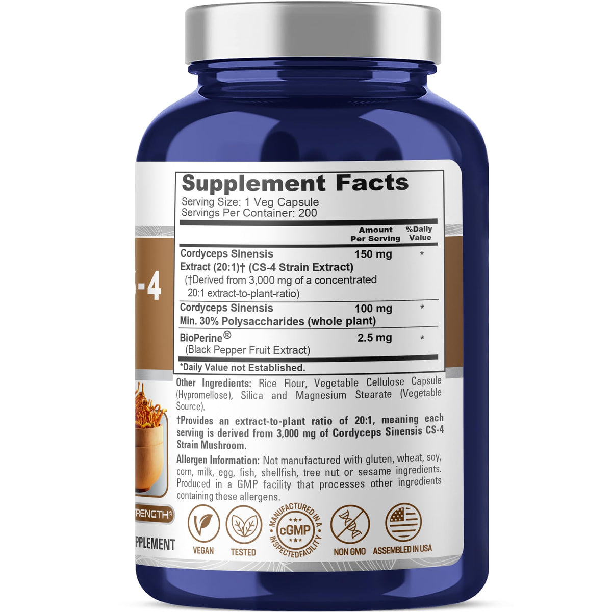 NusaPure Cordyceps 20:1 Extract, 150 mg Equivalent to 3,000mg 200 Veggie Capsules (Sinensis CS-4, Non-GMO, Vegan) Bioperine - Maple Wellness Supplements