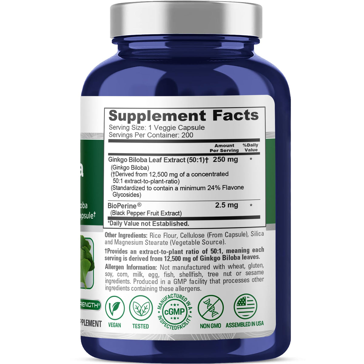 NusaPure Ginkgo Biloba 50:1 Extract, 250 mg Equivalent to 12,500 mg per Veggie Caps 200 Capsules (Vegetarian, Non-GMO, Vegan) Bioperine - Maple Wellness Supplements