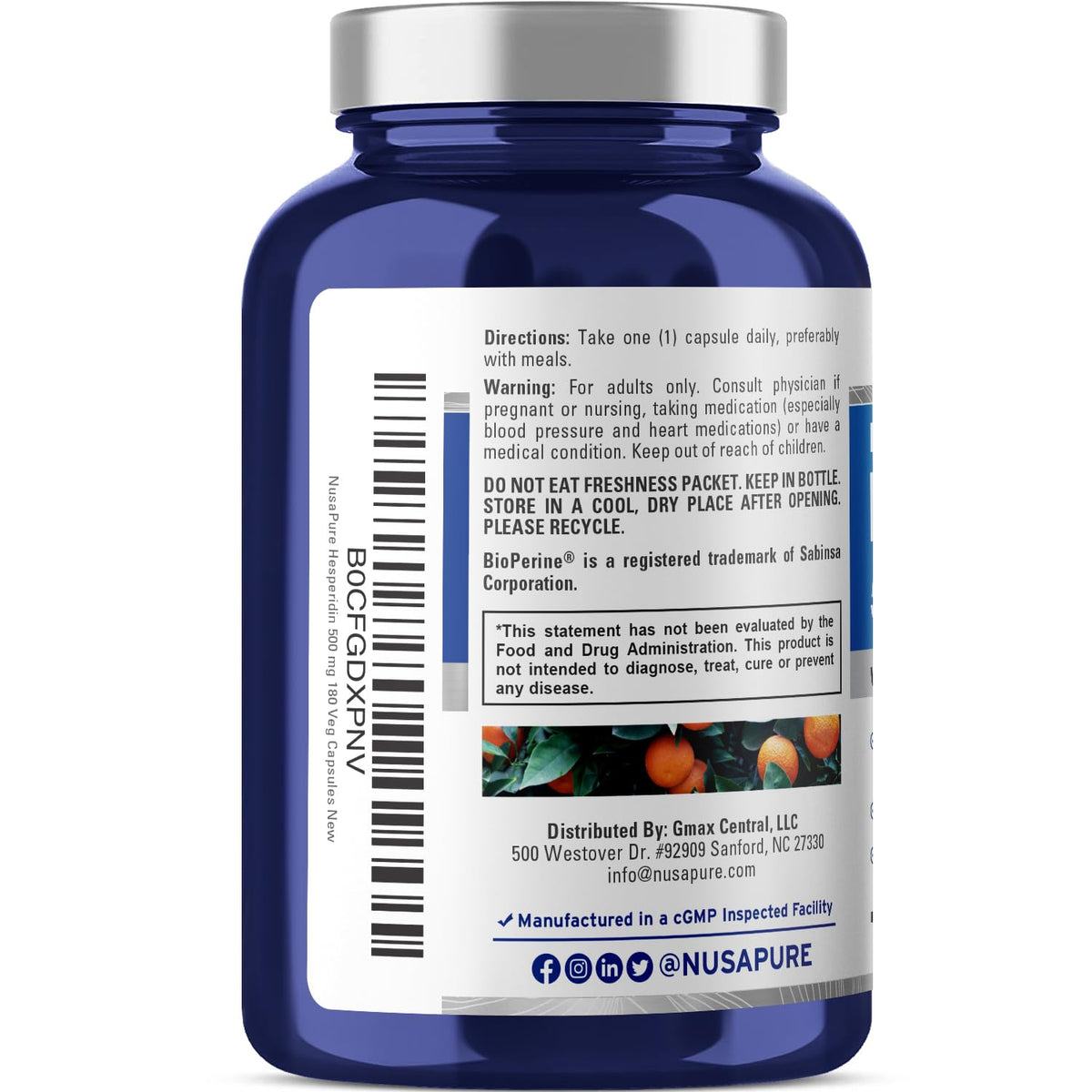 NusaPure Hesperidin 500 mg per Veggie Caps - 180 Capsules (BioPerine, High Absorption, Non-GMO) - Maple Wellness Supplements