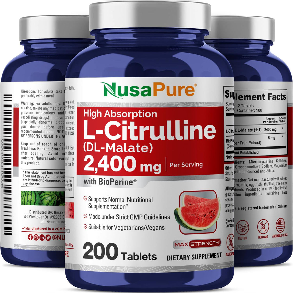 NusaPure L-Citrulline 2,400mg 200 Vegetarian Tablets (Non-GMO, Gluten Free, 100-Day Supply, Bioperine) - Maple Wellness Supplements