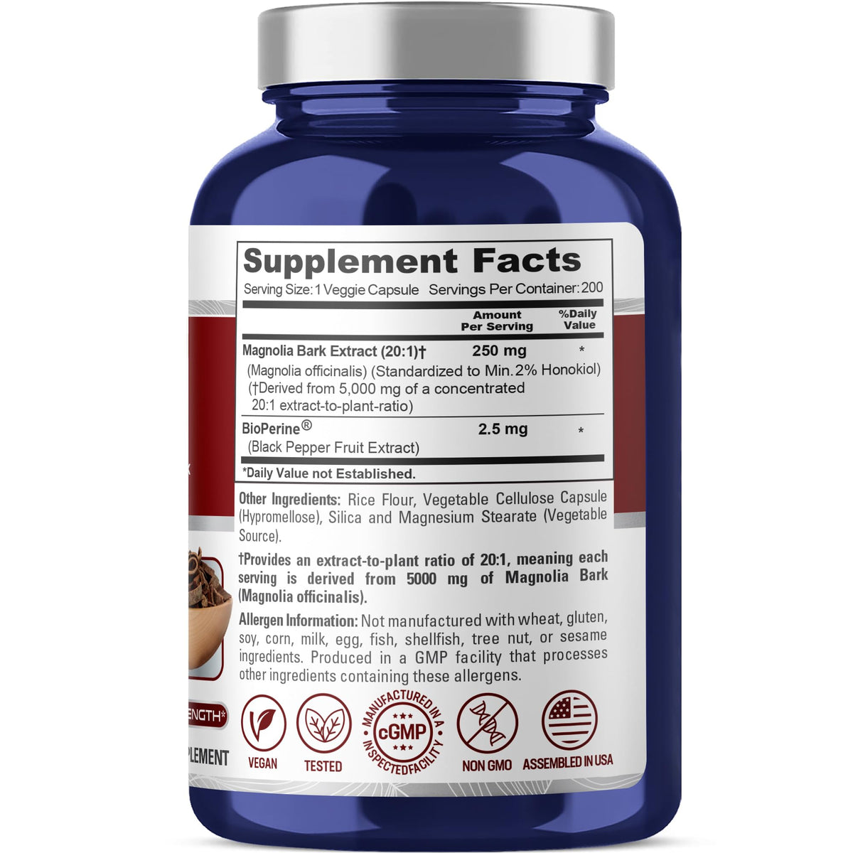 NusaPure Magnolia Bark 20:1 Extract, 250 mg Equivalent to 5,000 mg 200 Vegan Vegetarian Capsules Non-GMO - Maple Wellness Supplements