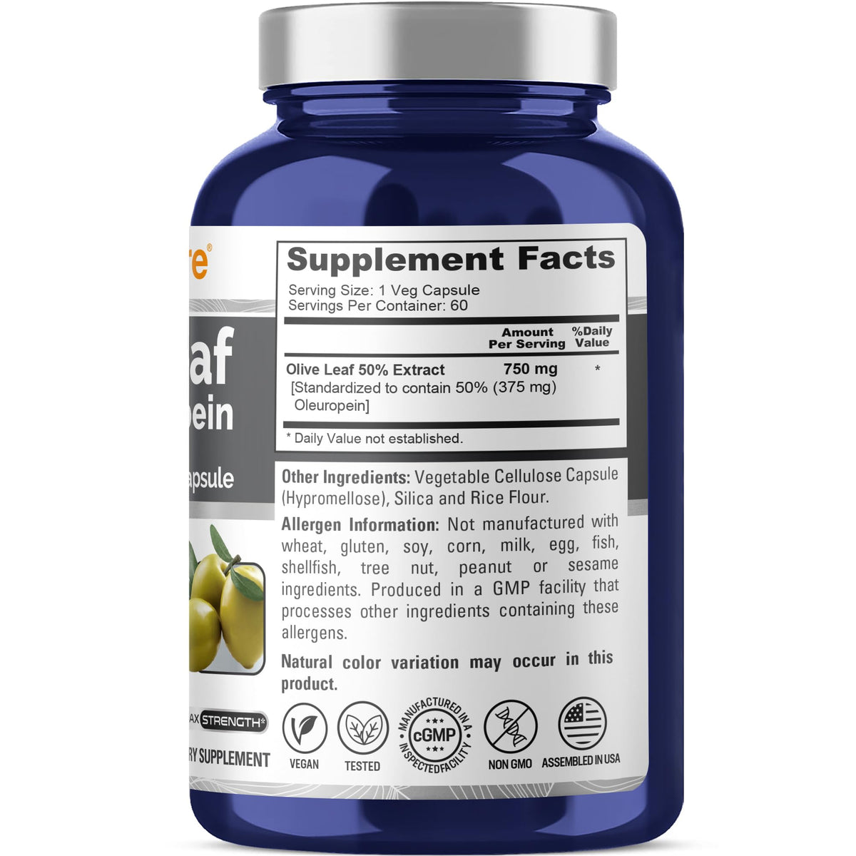 NusaPure Olive Leaf Extract 750 mg - 50% Oleuropein - Vegan and Vegetarian Non-GMO - Super Strength - No Oil - 60 Capsules - Maple Wellness Supplements