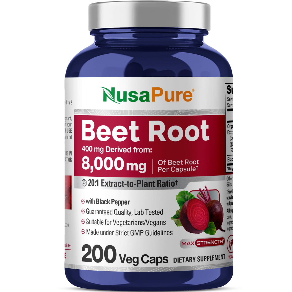 NusaPure Organic Beet Root 20:1 Extract, 400 mg Equivalent to 8,000 mg - Black Pepper 4:1 Extract, 10 mg - 200 Veggie caps (Vegan, Non-GMO) - Maple Wellness Supplements
