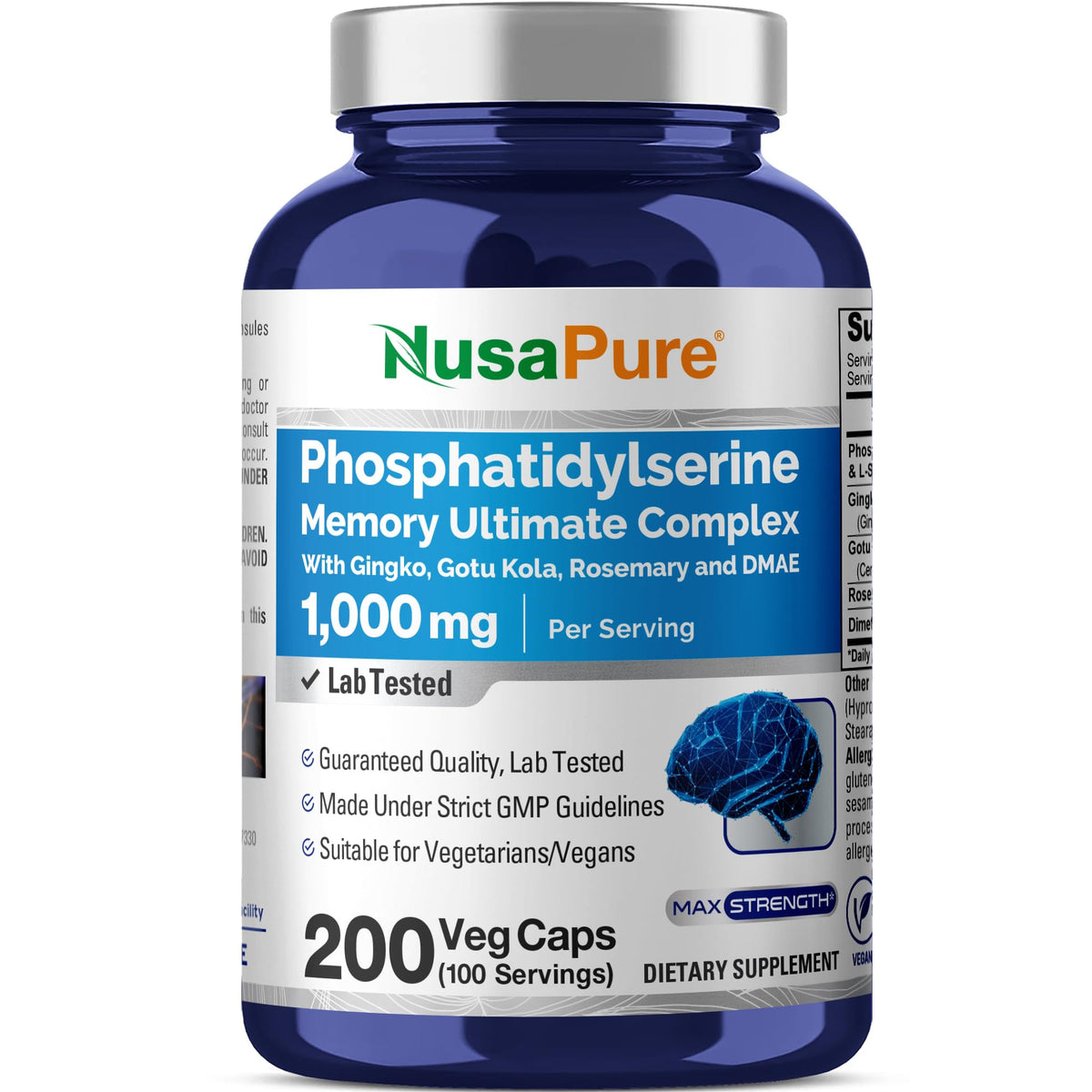 NusaPure Phosphatidylserine Memory Ultimate Complex 1000mg 200 Vegetarian Caps (Vegan, Non-GMO) - Maple Wellness Supplements