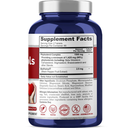 NusaPure Plant Sterols 1500 mg - 180 Tablets (Non-GMO, Vegan) Beta Sitosterol, Bioperine - Maple Wellness Supplements