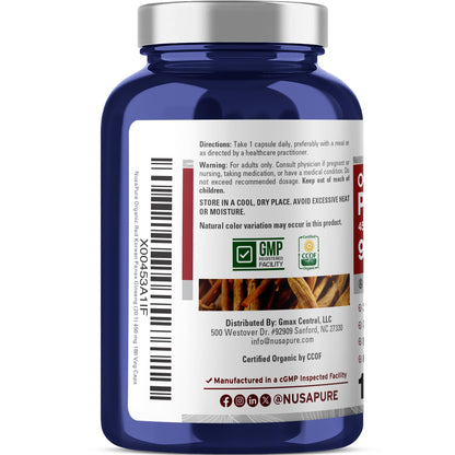 NusaPure Red Korean Panax Ginseng 20:1 Extract, 450 mg Equivalent to 9,000 mg 180 Veggie Caps (USDA Organic, Non-GMO, Vegan, Vegetarian, Bioperine) - Maple Wellness Supplements