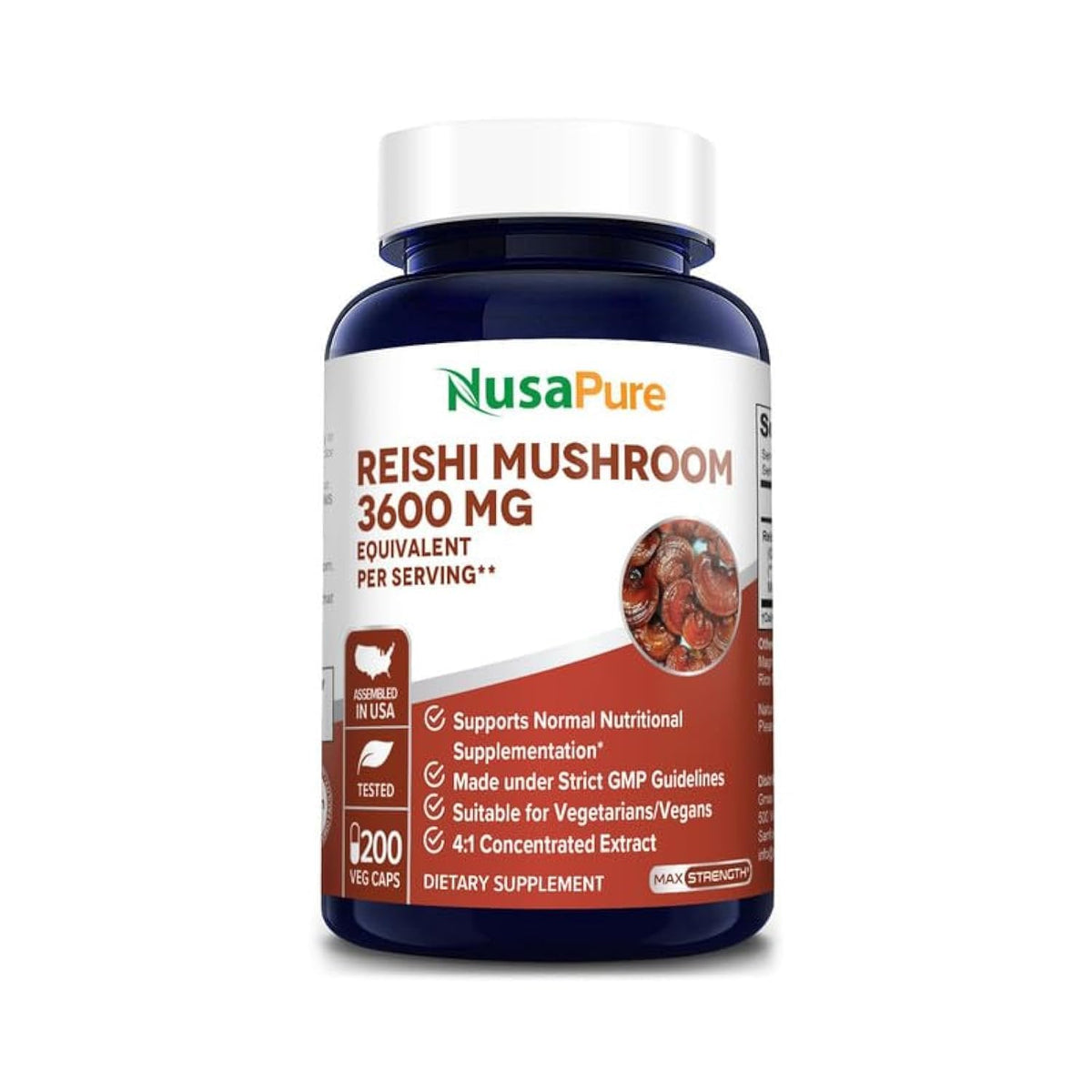 NusaPure Reishi Mushroom 4:1 Extract, 900 mg Equivalent to 3,600mg per Capsule 200 Veggie Caps Vegan, Non-GMO, Gluten-Free - Maple Wellness Supplements