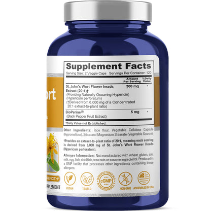 NusaPure St. John's Wort 20:1 Extract, 300 mg Equivalent to 6,000mg 240 Veggie Capsules (Vegetarian, Non-GMO & Vegan) Bioperine - Maple Wellness Supplements
