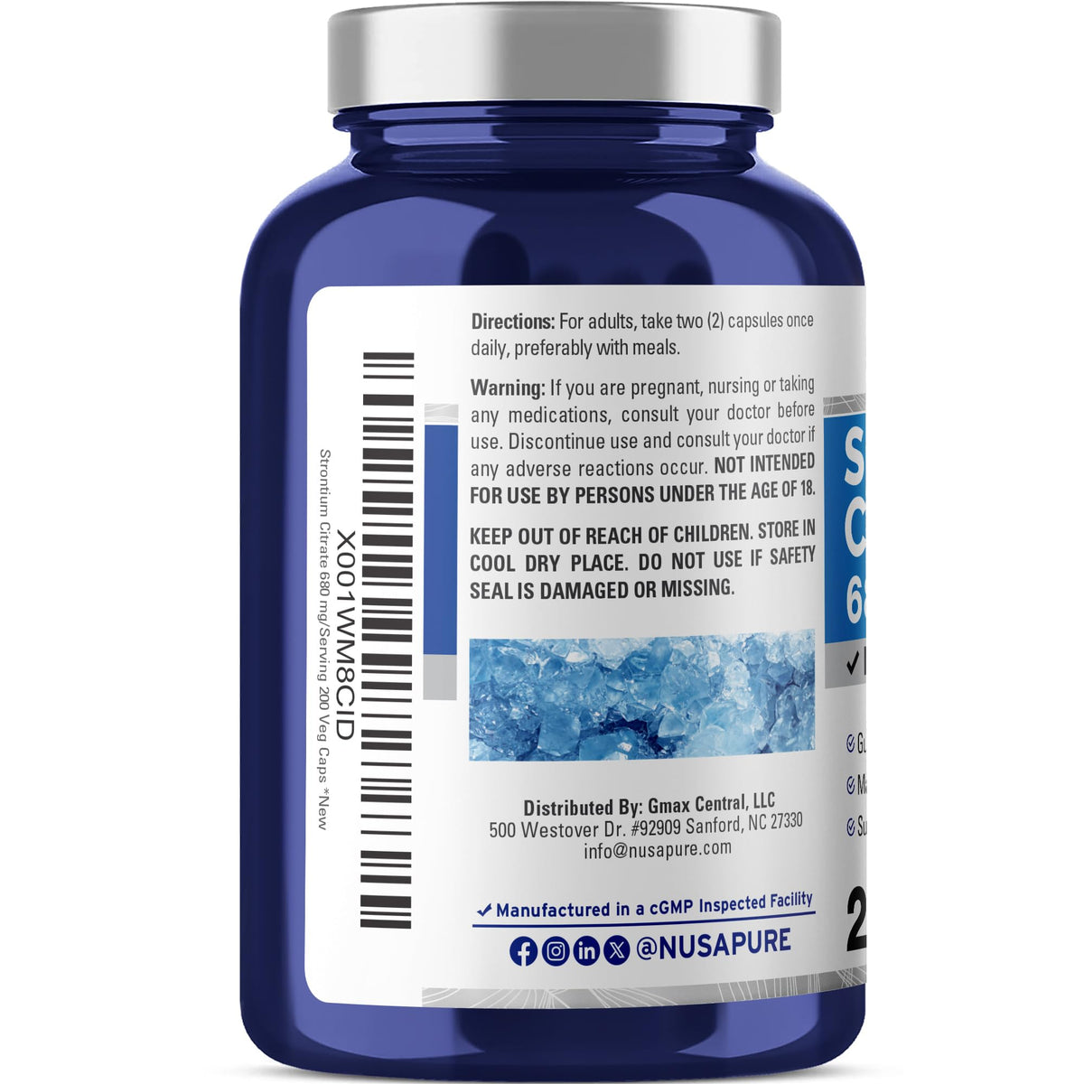 NusaPure Strontium Citrate - Suitable for Vegetarian/Vegan, Non - GMO - 680 mg 200 Capsules - Maple Wellness Supplements