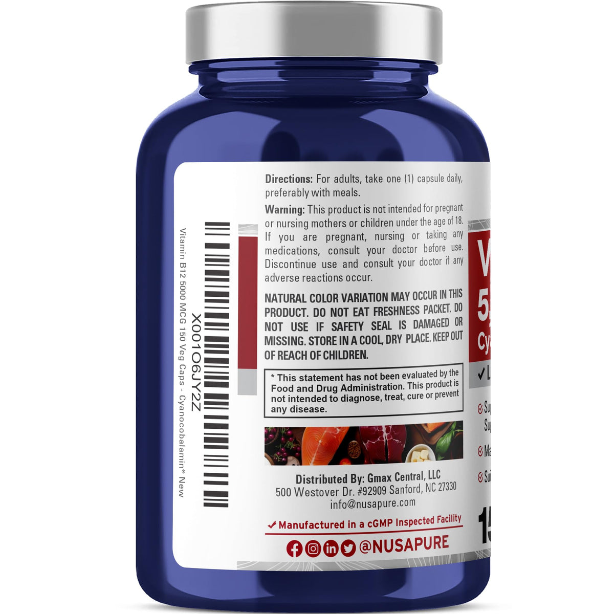 NusaPure Vitamin B12-5000 MCG 150 Veggie Capsules (Non-GMO, Vegan) - Max Strength Vitamin B12 - Maple Wellness Supplements
