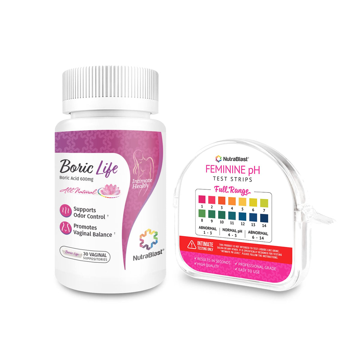 NutraBlast Boric Acid Vaginal Suppositories 600mg (30 Count) & Feminine pH Test Strips 1-14 (100-Tests Roll) | Monitor Feminine Intimate Health | Acidity & Alkalinity Balance - Maple Wellness Supplements