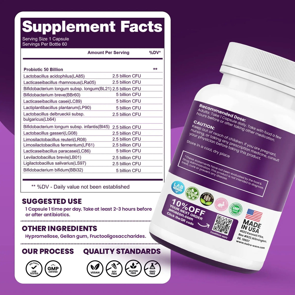 Nutrawave 50 Billion Probiotics for Women & Men, 15 Strains Active Culture. Relieves Bloating & Constipation, Improved Digestion & Gut Health Supplement, Vegan. 60 Powerful Small Capsules. - Maple Wellness Supplements