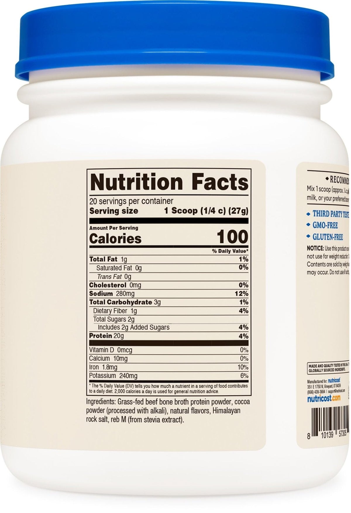Nutricost Beef Bone Broth Protein Powder Chocolate (20 Servings) - Gluten-Free, GMO-Free - Maple Wellness Supplements