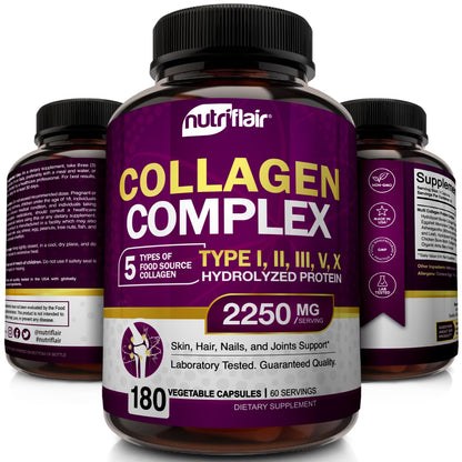 NutriFlair Multi Collagen Peptides 2250mg - Type I, II, III, V, X - Collagen Supplements Complex Powder Pills for Women and Men - Hydrolyzed Protein, Healthy Hair, Skin, Nails - Non-GMO (180 Capsules) - Maple Wellness Supplements
