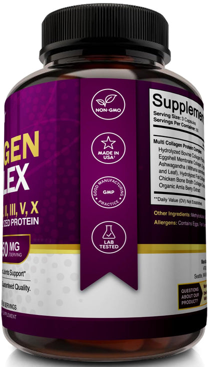 NutriFlair Multi Collagen Peptides 2250mg - Type I, II, III, V, X - Collagen Supplements Complex Powder Pills for Women and Men - Hydrolyzed Protein, Healthy Hair, Skin, Nails - Non-GMO (180 Capsules) - Maple Wellness Supplements