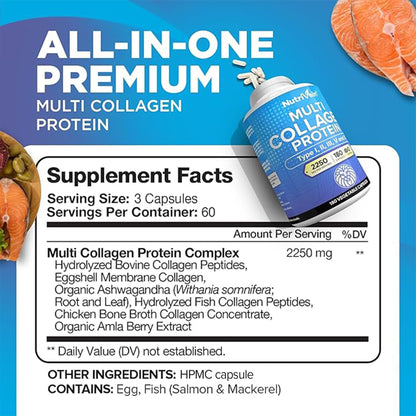 Nutrivein Premium Multi Collagen Pills 2250 mg - 180 Easy-to-Swallow Collagen Capsules: Type I, II, III, V, X Hydrolyzed Protein Peptides for Women and Men - Maple Wellness Supplements