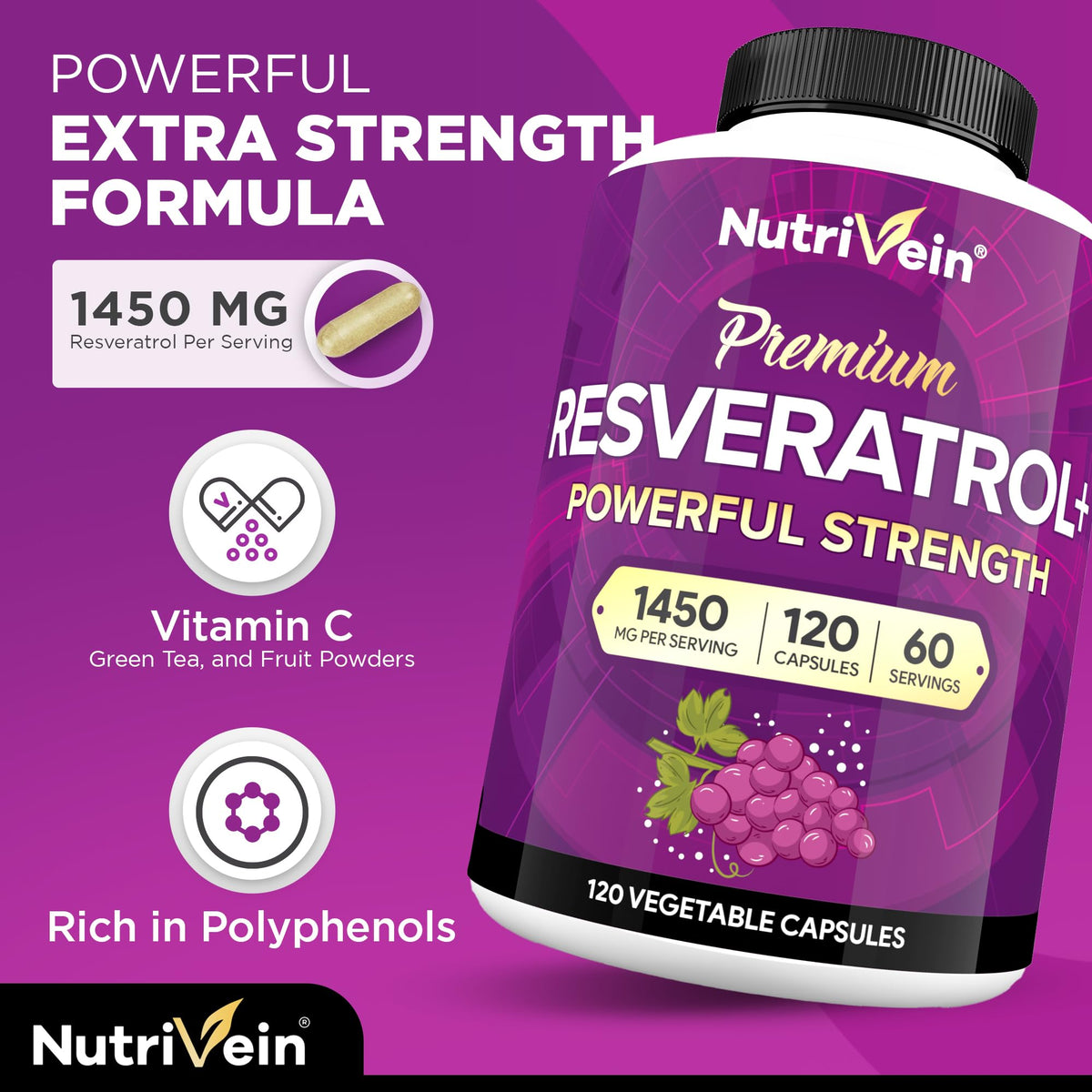 Nutrivein Premium Resveratrol 1450mg - 120 Caps: Pure Trans Resveratrol Supplement Enhanced with Green Tea Leaf & Acai Berry - Maple Wellness Supplements