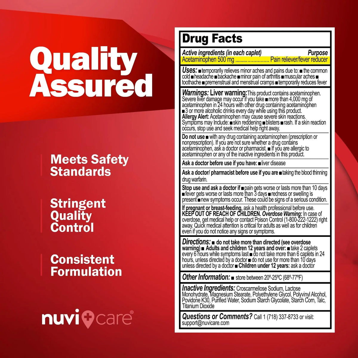 NUVICARE Acetaminophen 500mg Extra Strength Pain Relief - Compare to Tylenol Extra Strength Pain Reliever & Fever Reducer - 500mg Tablets for Adults for Headaches (100 Caplets) - Maple Wellness Supplements