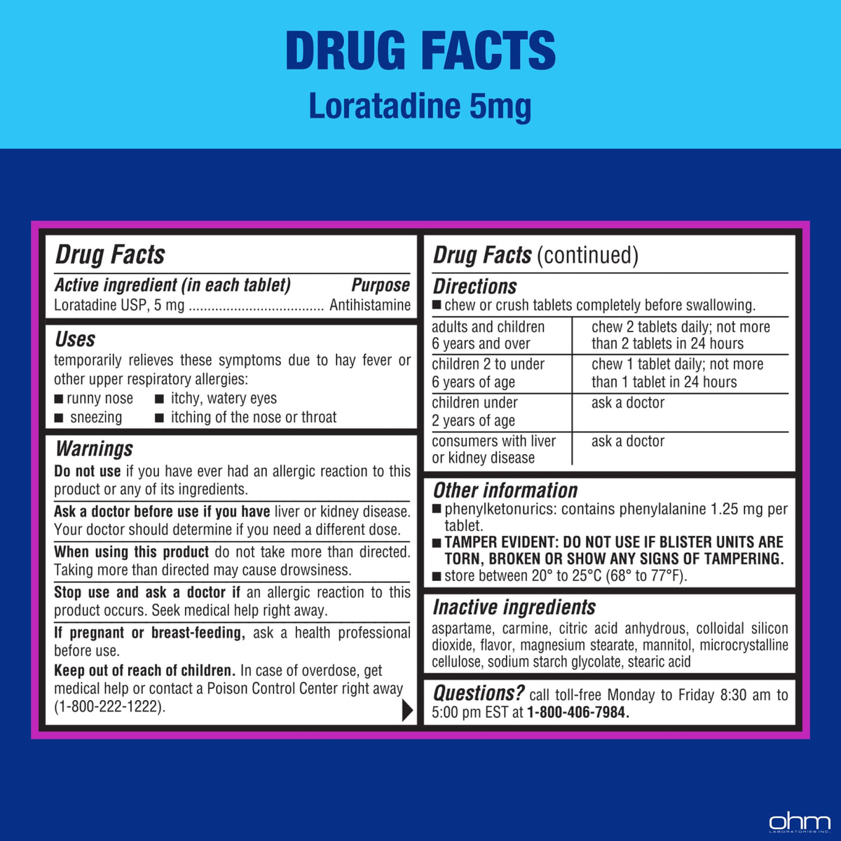Ohm Children's Allergy Medicine, Loratadine 5mg, Chewable Tablets (30 Count) Bubblegum Flavor, Non-Drowsy Antihistamine, 24-Hour Allergy Relief for Runny Nose, Watery Eyes, Itchy Throat & Nose - Maple Wellness Supplements