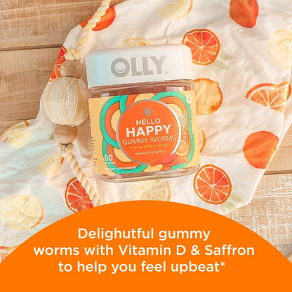 OLLY Hello Happy Gummy Worms, Mood Support Gummies For Adults,* Saffron Extract, Vitamin D, Tropical Zing Flavored, 30 Day Supply - 60 Count - Maple Wellness Supplements