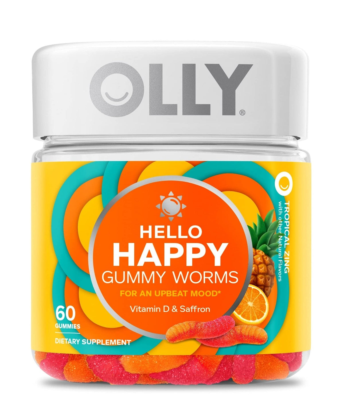 OLLY Hello Happy Gummy Worms, Mood Support Gummies For Adults,* Saffron Extract, Vitamin D, Tropical Zing Flavored, 30 Day Supply - 60 Count - Maple Wellness Supplements