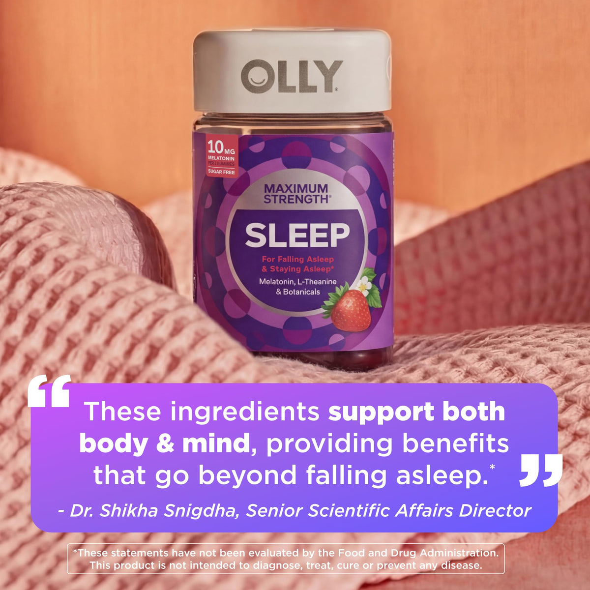 OLLY Max Strength Sleep Gummy, 10mg Melatonin, L-Theanine, Chamomile, Lemon Balm, Sugar Free, Vegetarian Sleep Aid, Strawberry - 70 Count - Maple Wellness Supplements