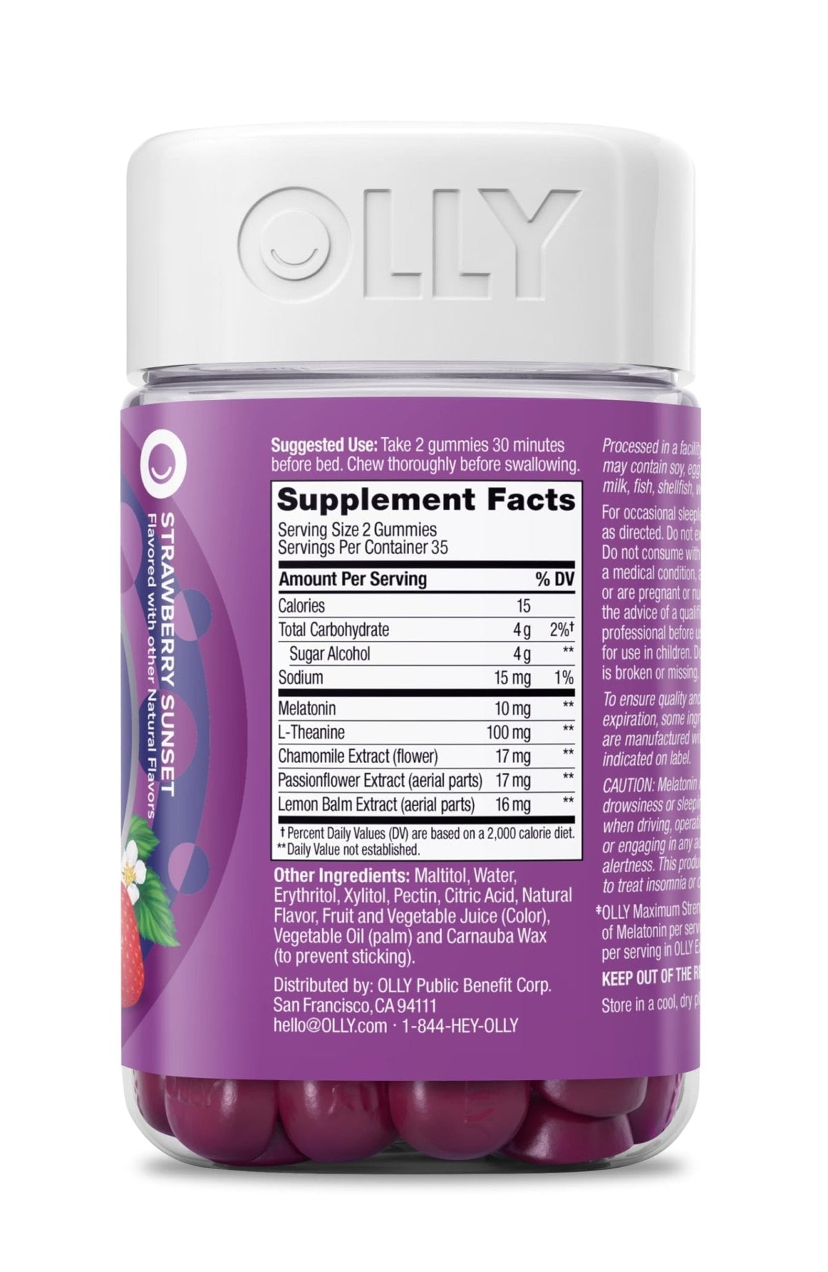 OLLY Max Strength Sleep Gummy, 10mg Melatonin, L-Theanine, Chamomile, Lemon Balm, Sugar Free, Vegetarian Sleep Aid, Strawberry - 70 Count - Maple Wellness Supplements