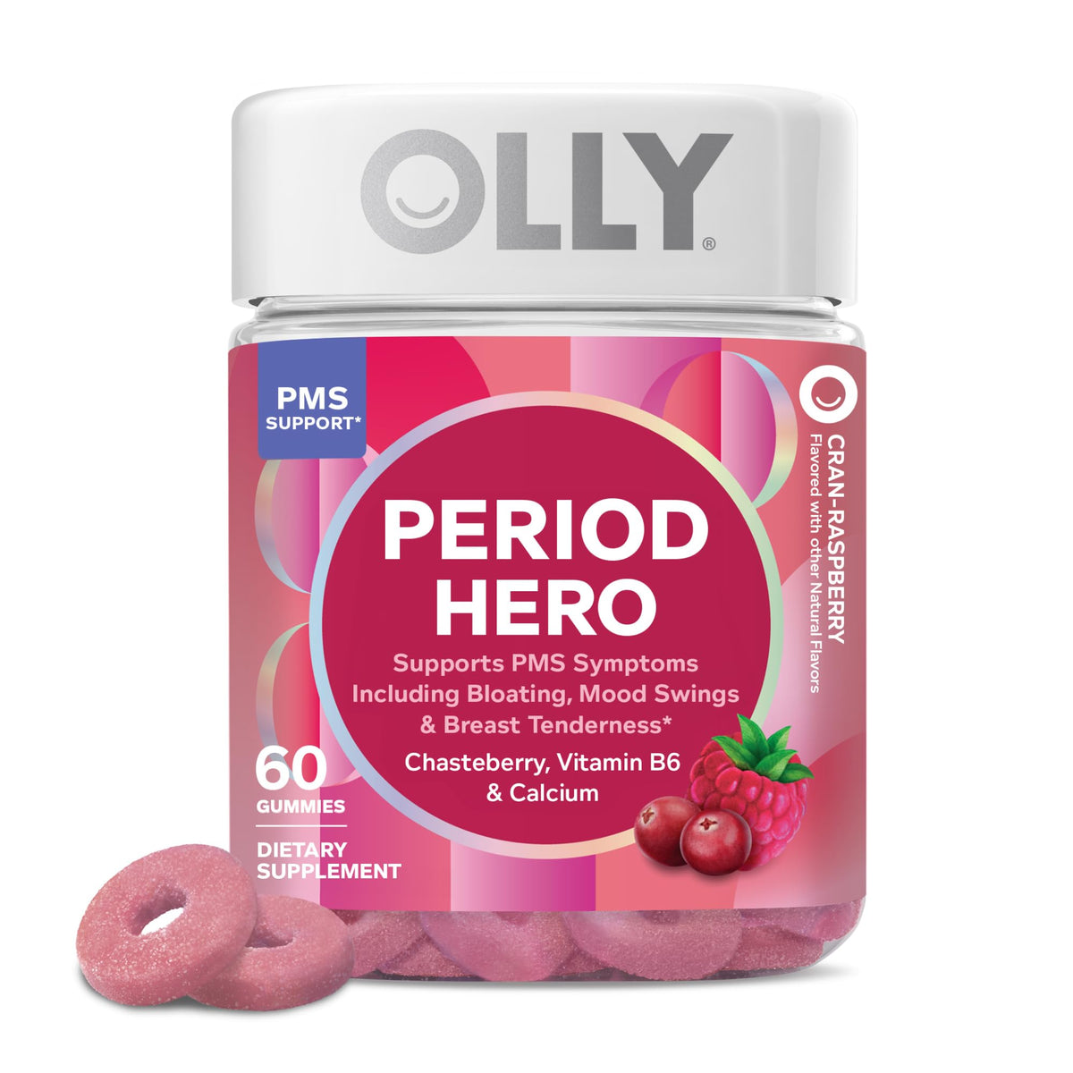 OLLY Period Hero Gummies, PMS Support Supplement,* Chasteberry, Vitamin B6, Calcium, Cran-Raspberry Flavor, 30 Day Supply - 60 Count - Maple Wellness Supplements