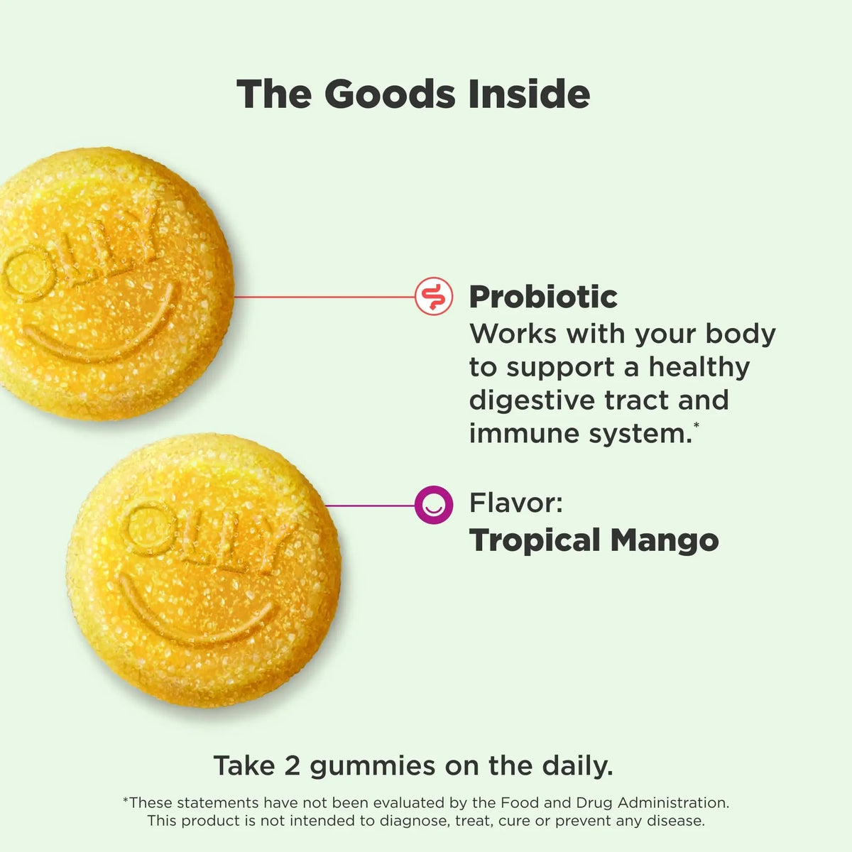 OLLY Probiotic Gummy, Immune and Digestive Support, 1 Billion CFUs, Chewable Probiotic Supplement, Mango, 25 Day Supply - 50 Count - Maple Wellness Supplements