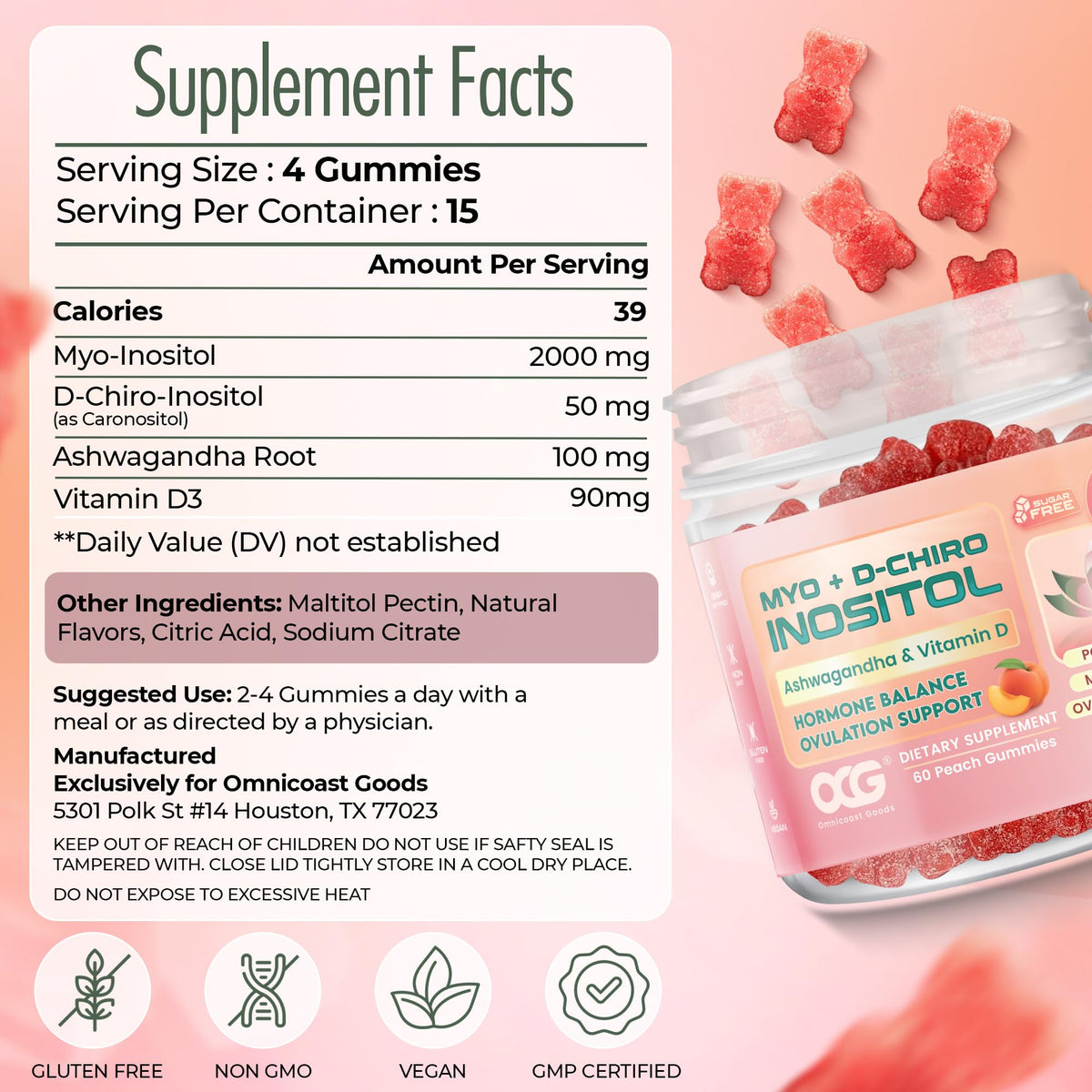 OMNICOAST GOODS, OCG Myo-Inositol & D-Chiro Inositol Gummies with Ashwagandha | PCOS Support | Ovulation & Mood Support, 40:1 Ratio Inositol for Hormone Balance, Sugar-Free, Non-GMO (60 Gummies) - Maple Wellness Supplements