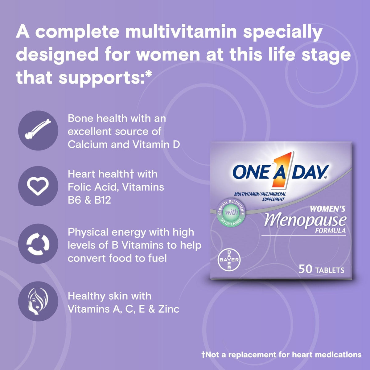 One A Day Women's Menopause Multivitamin with Vitamin A, Vitamin C, Vitamin D, Vitamin E and Zinc for Immune Health Support, Bone health, 50 Count (Packaging May Vary) - Maple Wellness Supplements