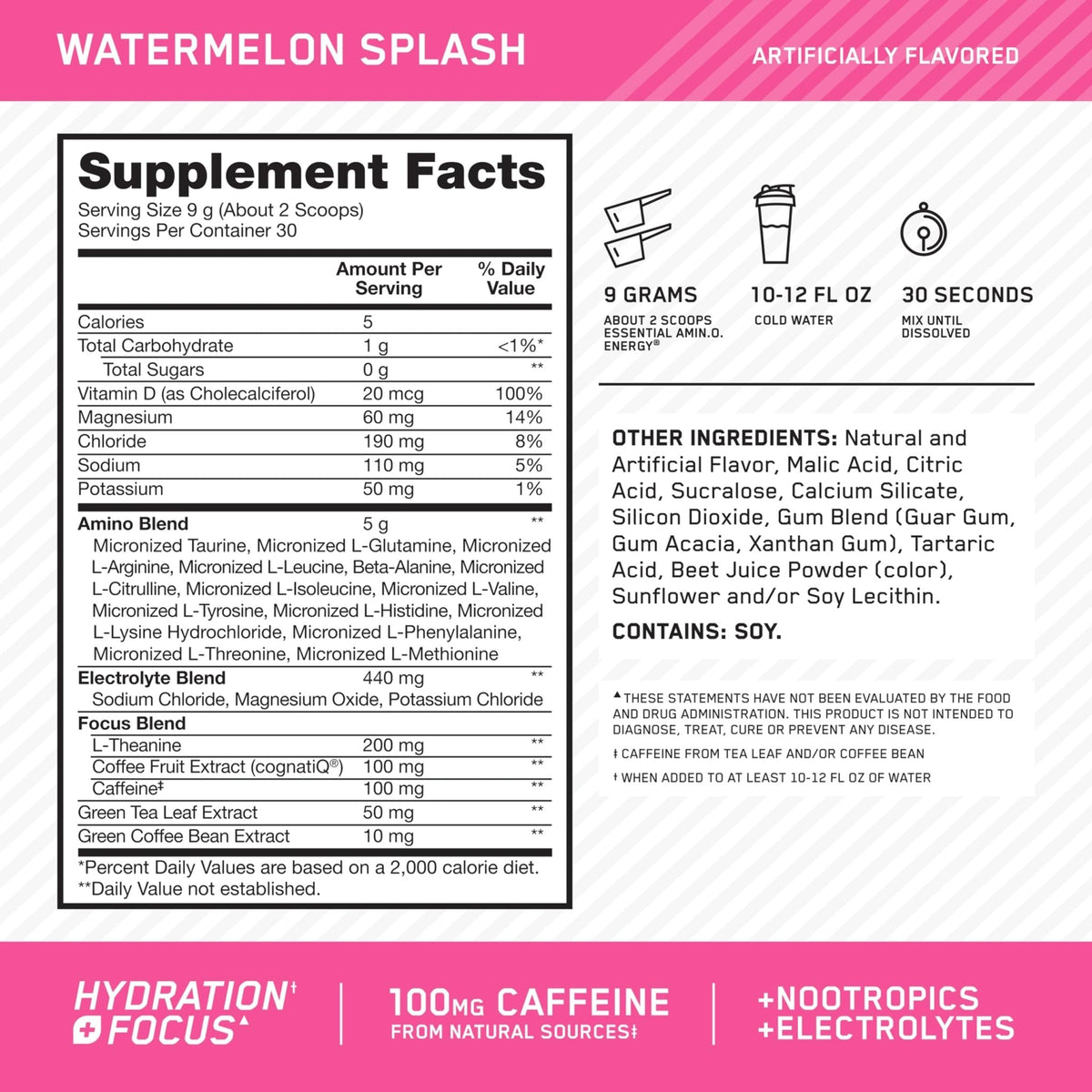 Optimum Nutrition Amino Energy Powder Plus Focus, with BCAA, Electrolytes, and Caffeine, Watermelon, 30 Servings (Packaging May Vary) - Maple Wellness Supplements